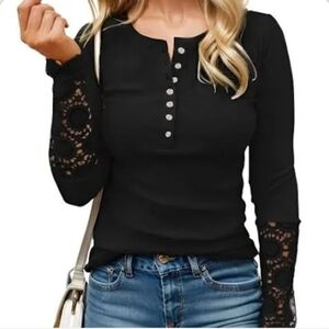 Elegant Black Button-Down Lace Sleeve Blouse